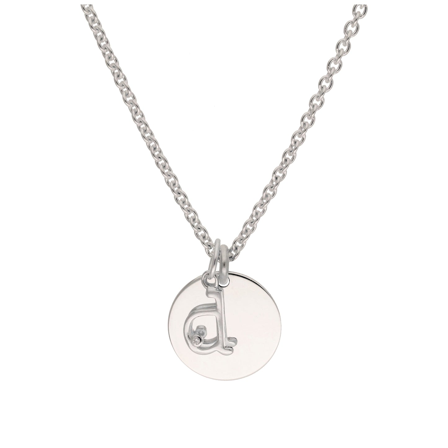 Sterling Silver 0.4pts Diamond Letter A - Z & Engravable Round Tag Necklace 16 - 24 Inches