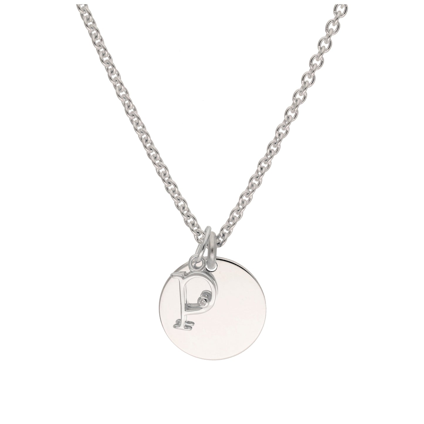 Sterling Silver 0.4pts Diamond Letter A - Z & Engravable Round Tag Necklace 16 - 24 Inches