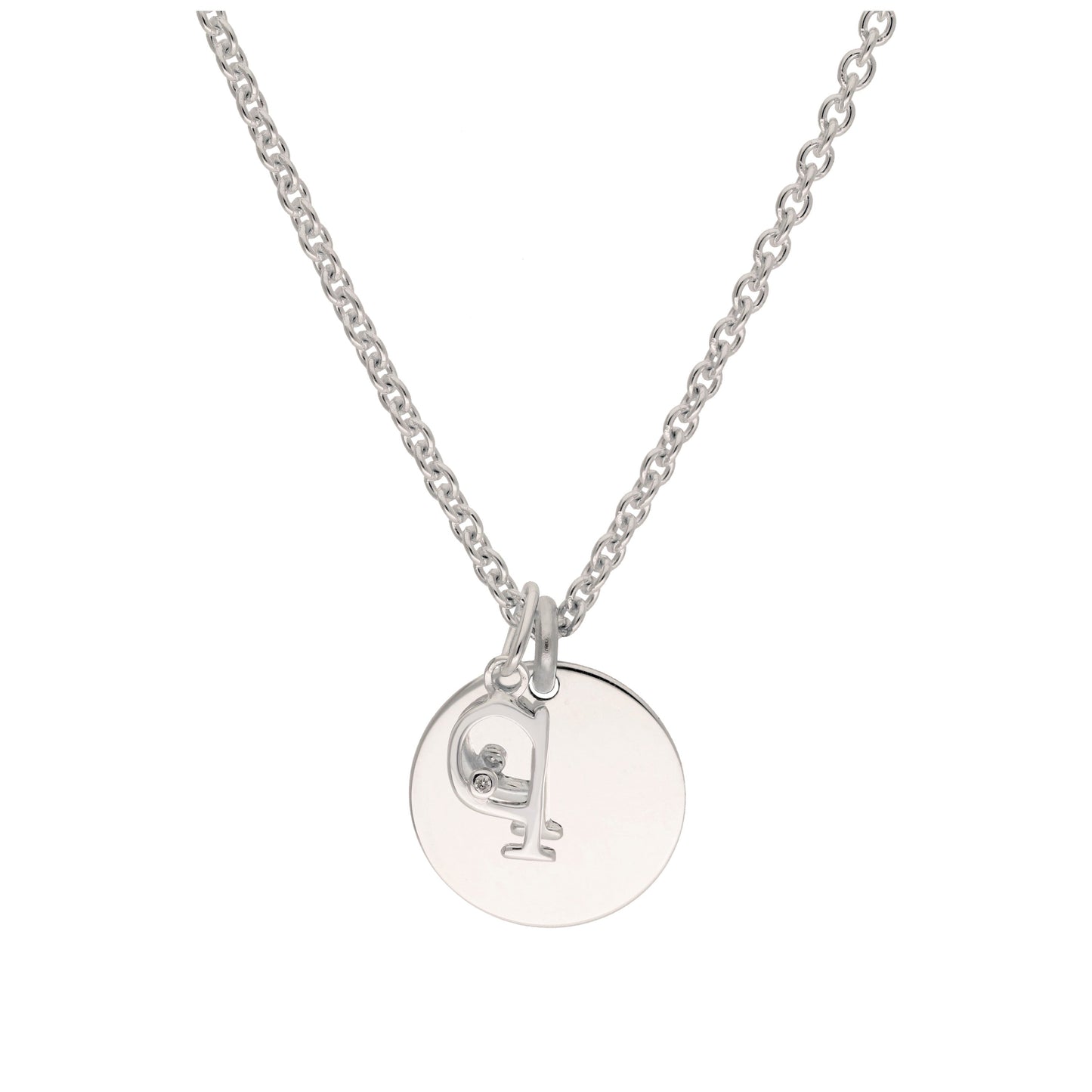 Sterling Silver 0.4pts Diamond Letter A - Z & Engravable Round Tag Necklace 16 - 24 Inches