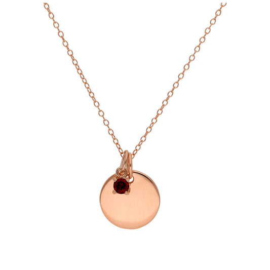 Rose Gold Plated Sterling Silver Birthstone CZ & Round Engravable Tag Necklace 16 - 24 Inches