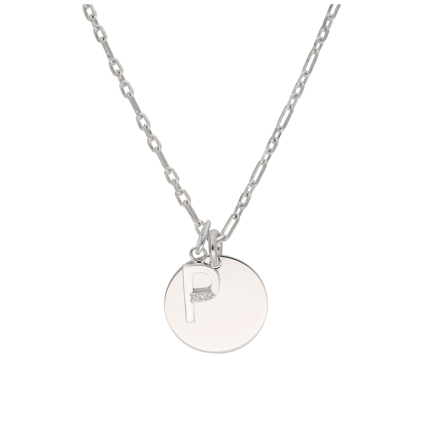 Sterling Silver & Triple 1.2pt Diamond Letter A - Z & Engravable Tag Necklace 16 - 24 Inches