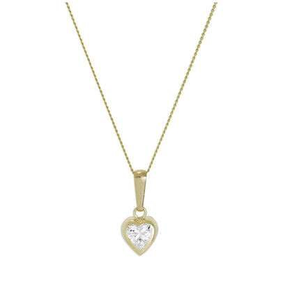9ct Gold & Clear CZ Crystal 5mm Rubover Heart Pendant Necklace 16 - 20 Inches