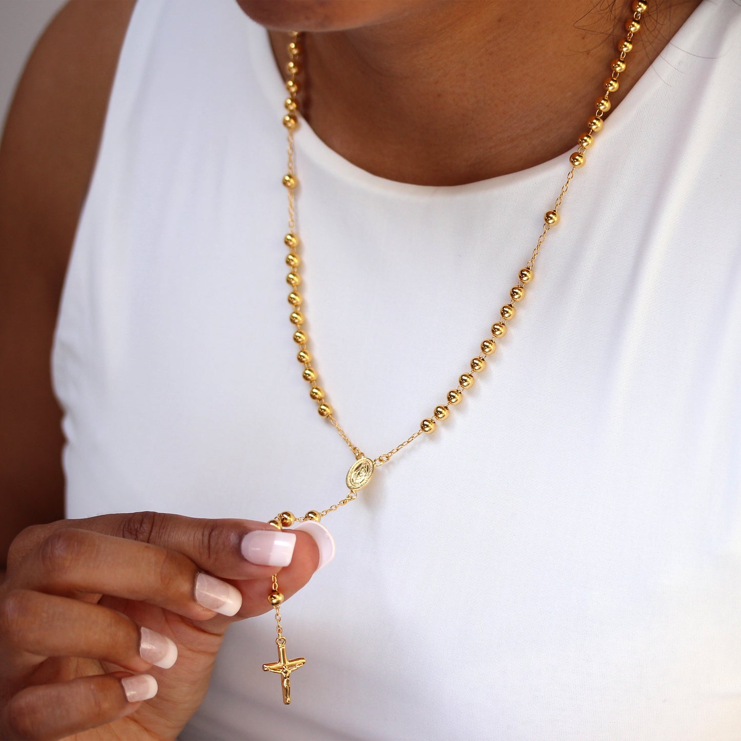 Schwere vergoldete Rosenkranz-Perlenkette aus Sterlingsilber – 50 cm