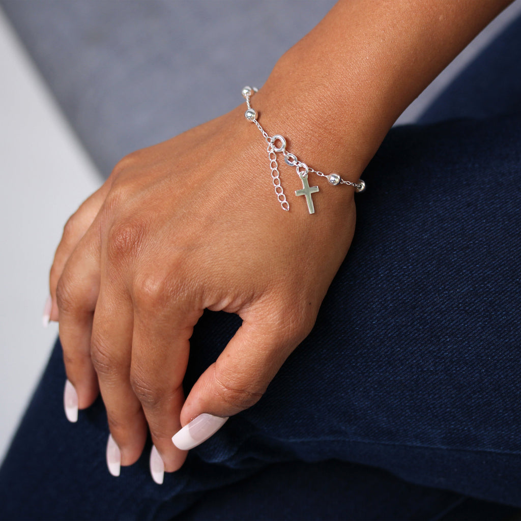 Kräftiges Rosenkranz-Armband aus Sterlingsilber, 16,5 cm + 2,5 cm Verlängerung