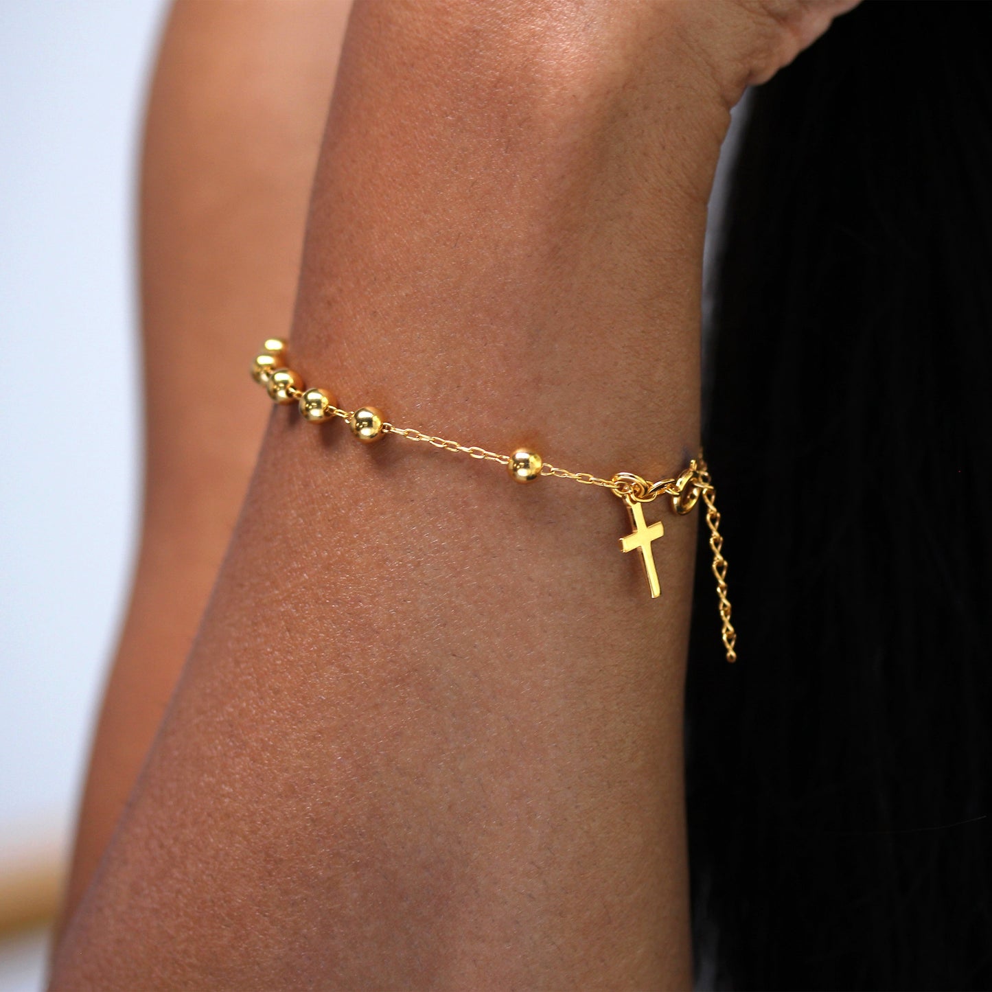 Schweres, vergoldetes Rosenkranzarmband aus Sterlingsilber – 16,5 cm + 2,5 cm Verlängerung