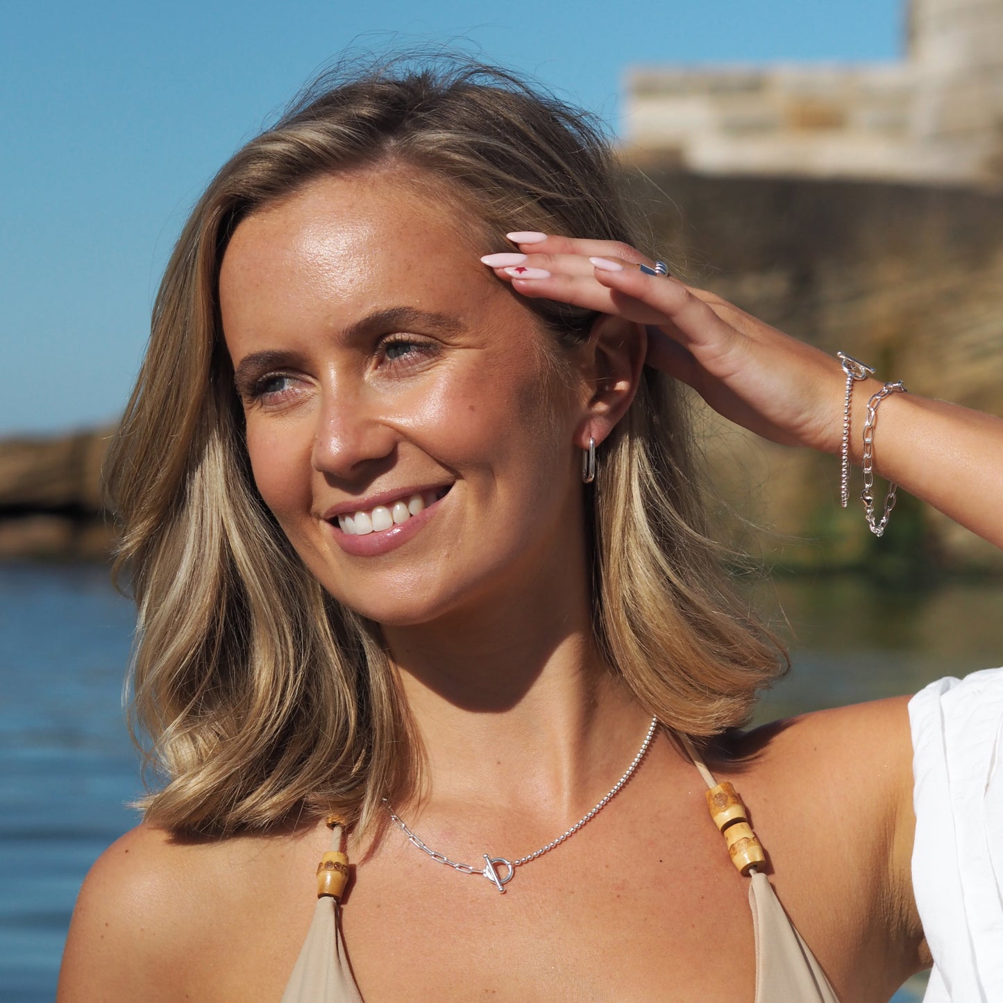 Armband aus Sterlingsilber mit T-Bar-Papierklammer-Kugelkette