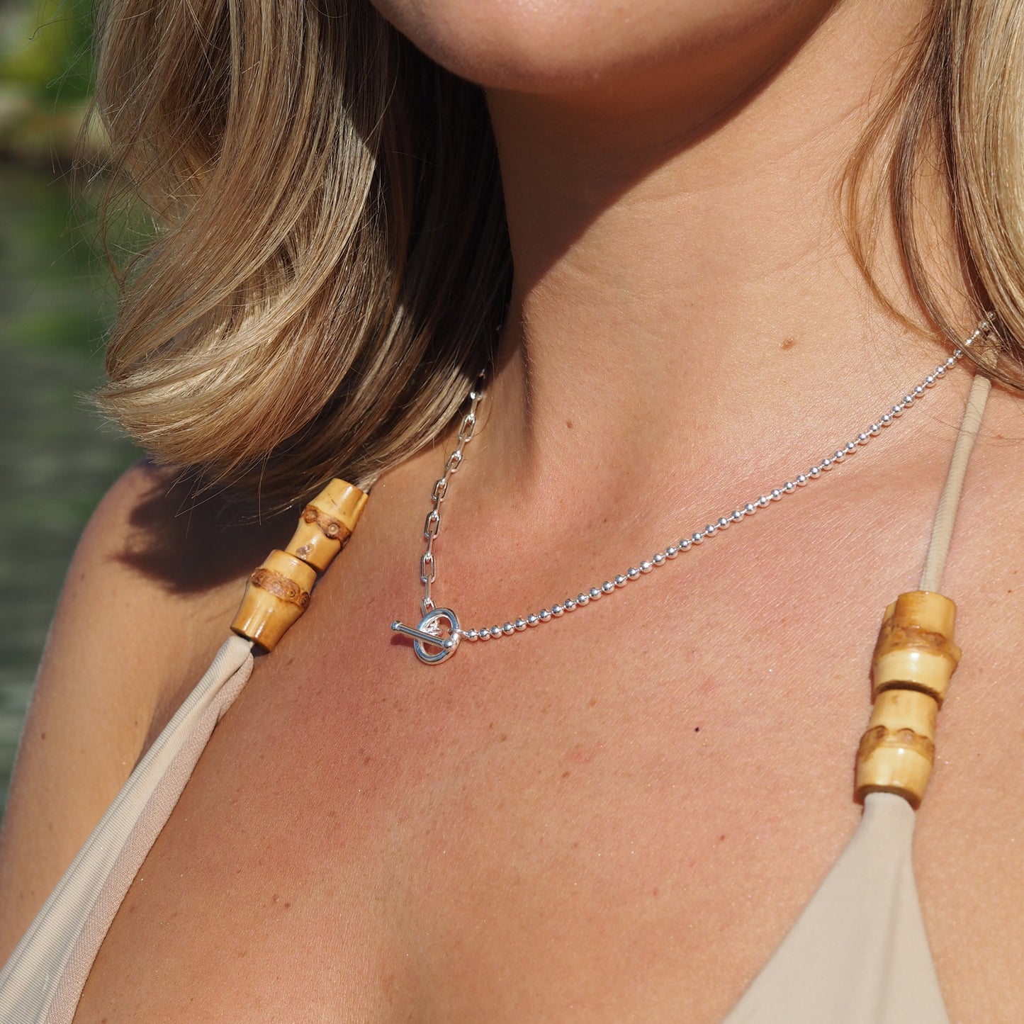 Halskette aus Sterlingsilber mit T-Bar-Papierklammer-Kugelkette