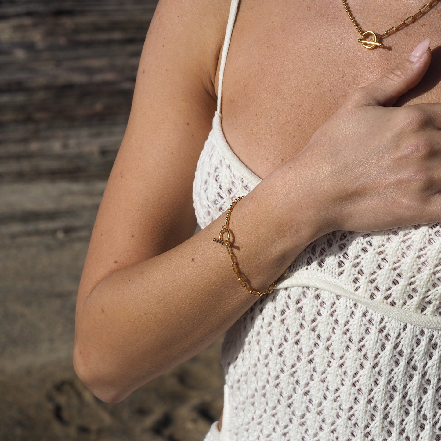 Vergoldetes Sterling Silber T-Bar Paperclip Kugelkette Armband