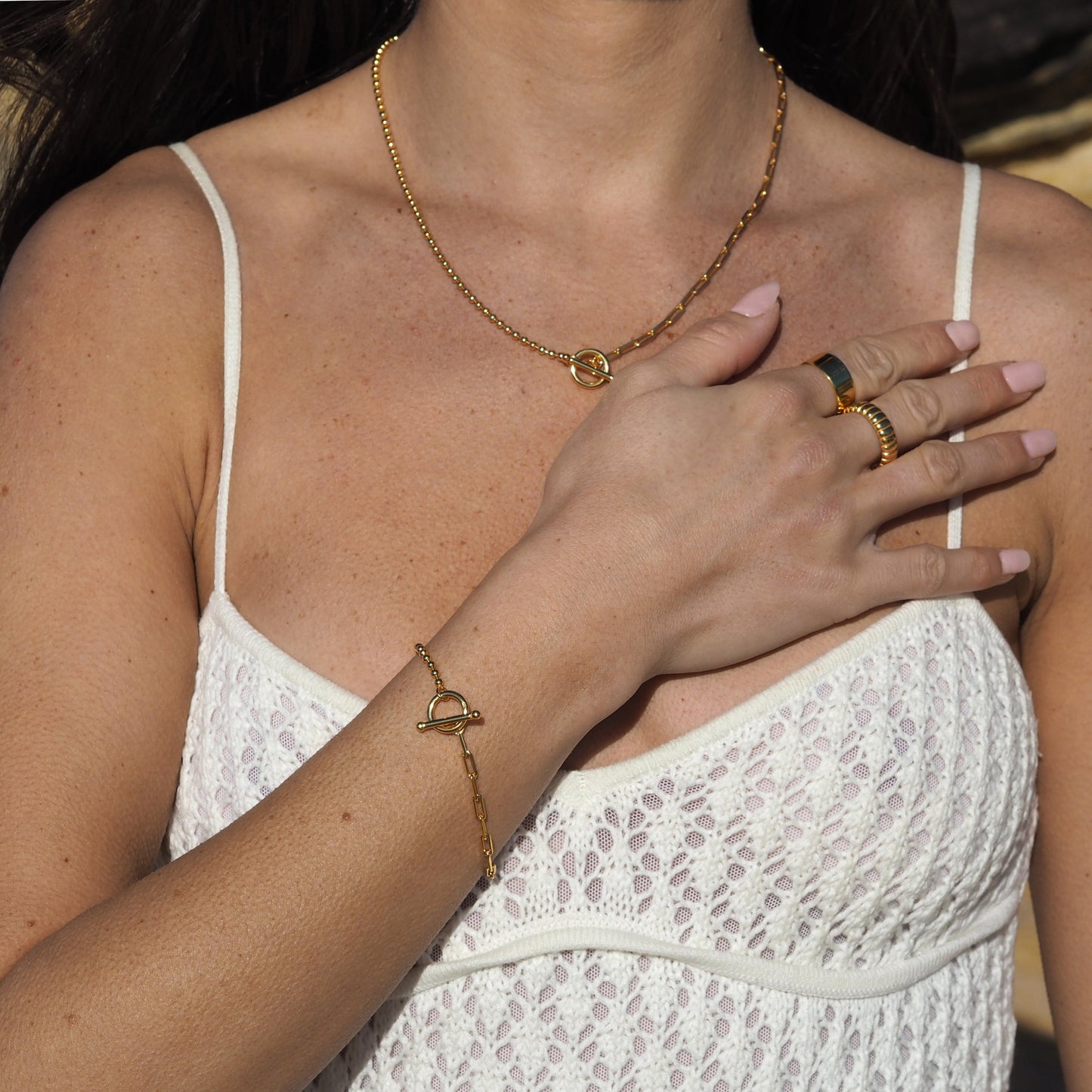 Vergoldetes Sterling Silber T-Bar Paperclip Kugelkette Armband