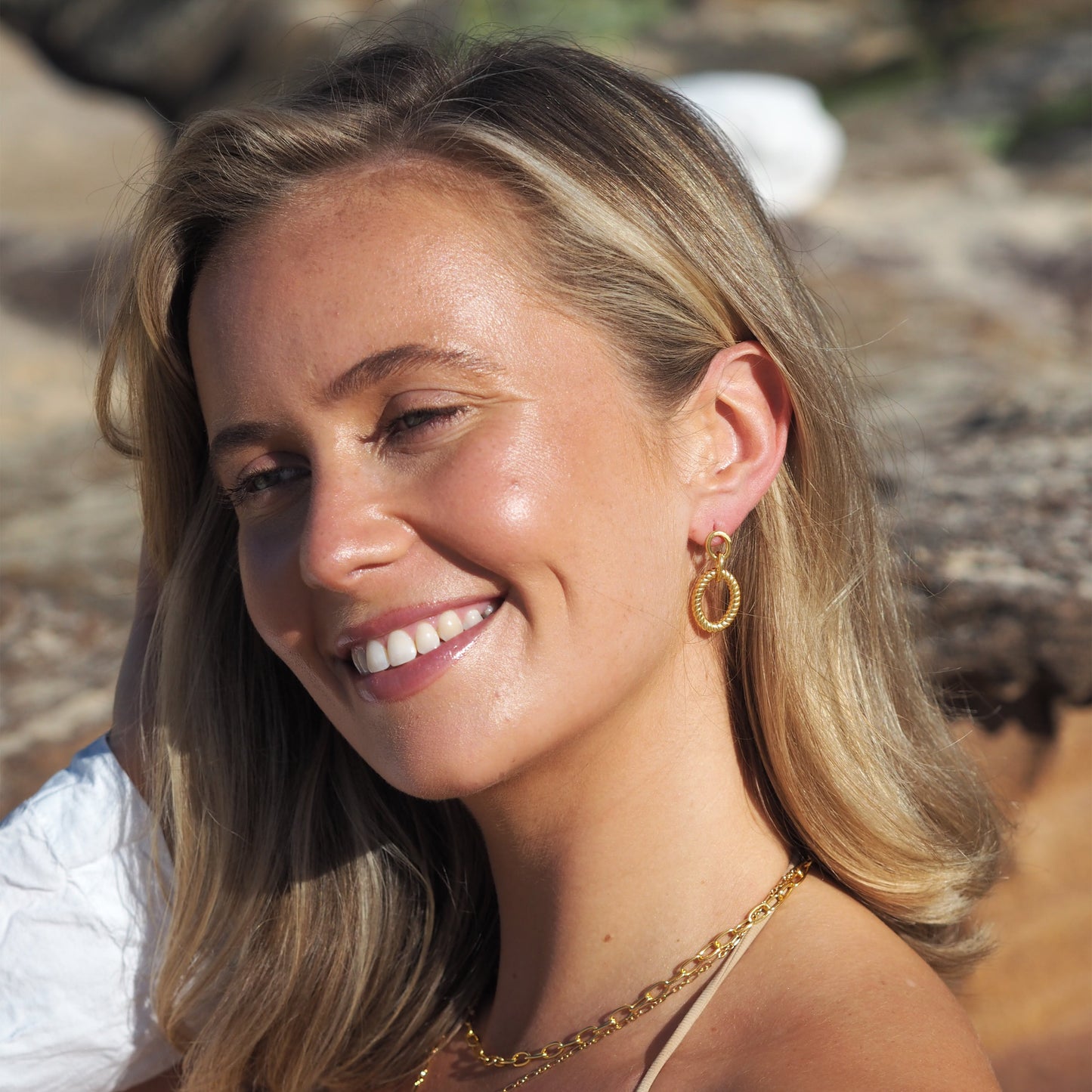 Vergoldete Sterling Silber Doppel-Oval Twist Rope Stud Drop Dangle Ohrringe