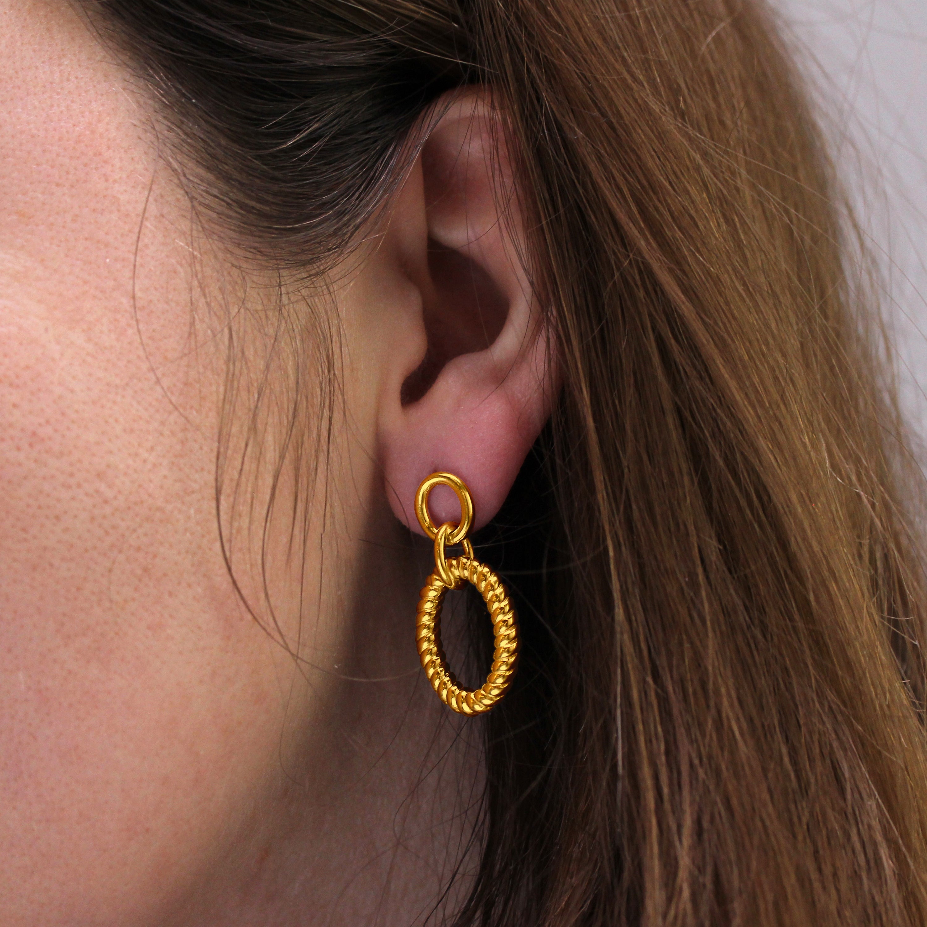 Vergoldete Sterlingsilber Doppel-Oval Twist Rope Stud Drop Dangle Ohrringe
