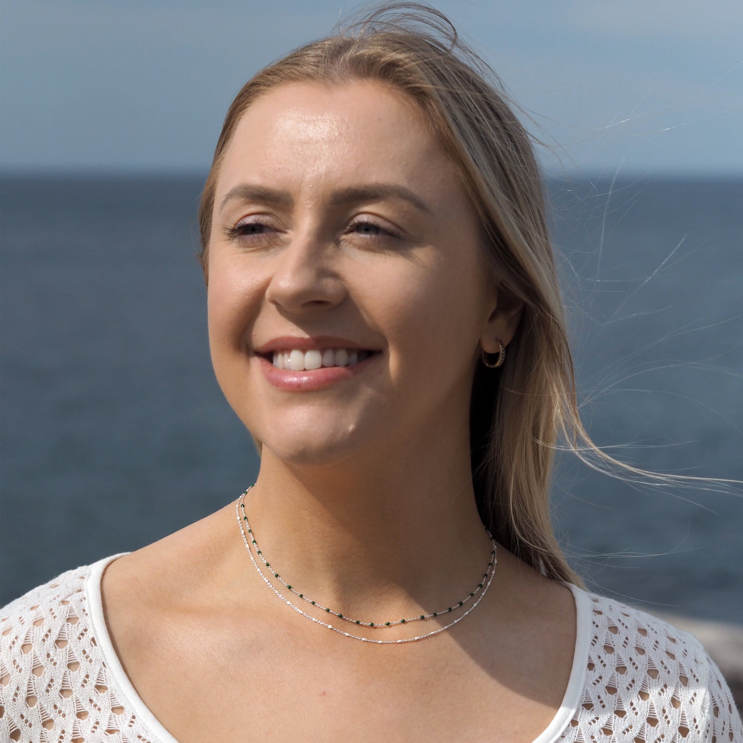 Fine Sterling Silver & Green Enamel Confetti Chain Necklace - 16 Inches