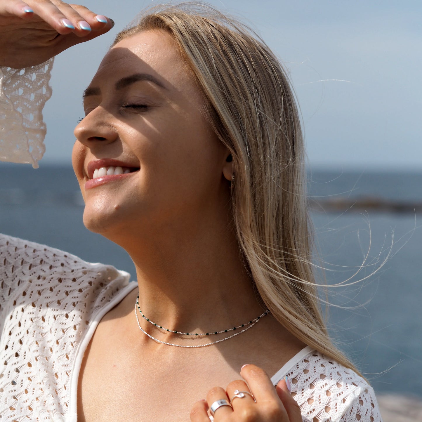 Fine Sterling Silver & Green Enamel Confetti Chain Necklace - 16 Inches