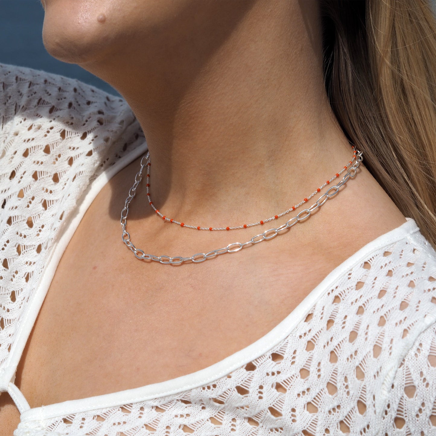 Fine Sterling Silver & Orange Enamel Confetti Chain Necklace - 16 Inches