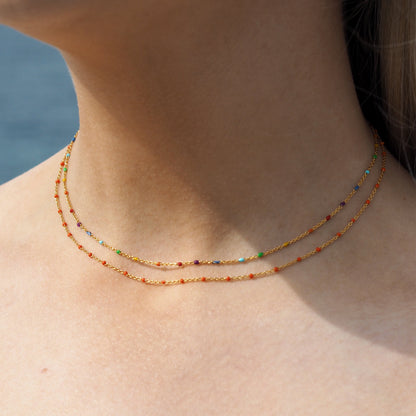 Fine Gold Plated Sterling Silver & Rainbow Enamel Confetti Chain Necklace - 16 Inches