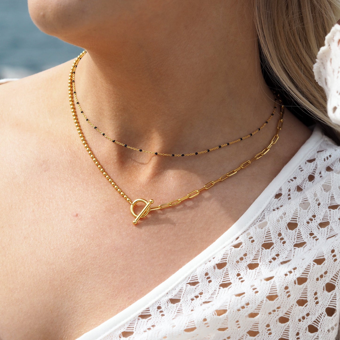 Fine Gold Plated Sterling Silver & Black Enamel Confetti Chain Necklace - 16 Inches