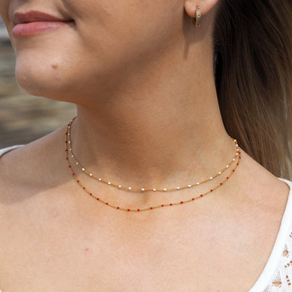 Fine Gold Plated Sterling Silver & Red Enamel Confetti Chain Necklace - 16 Inches