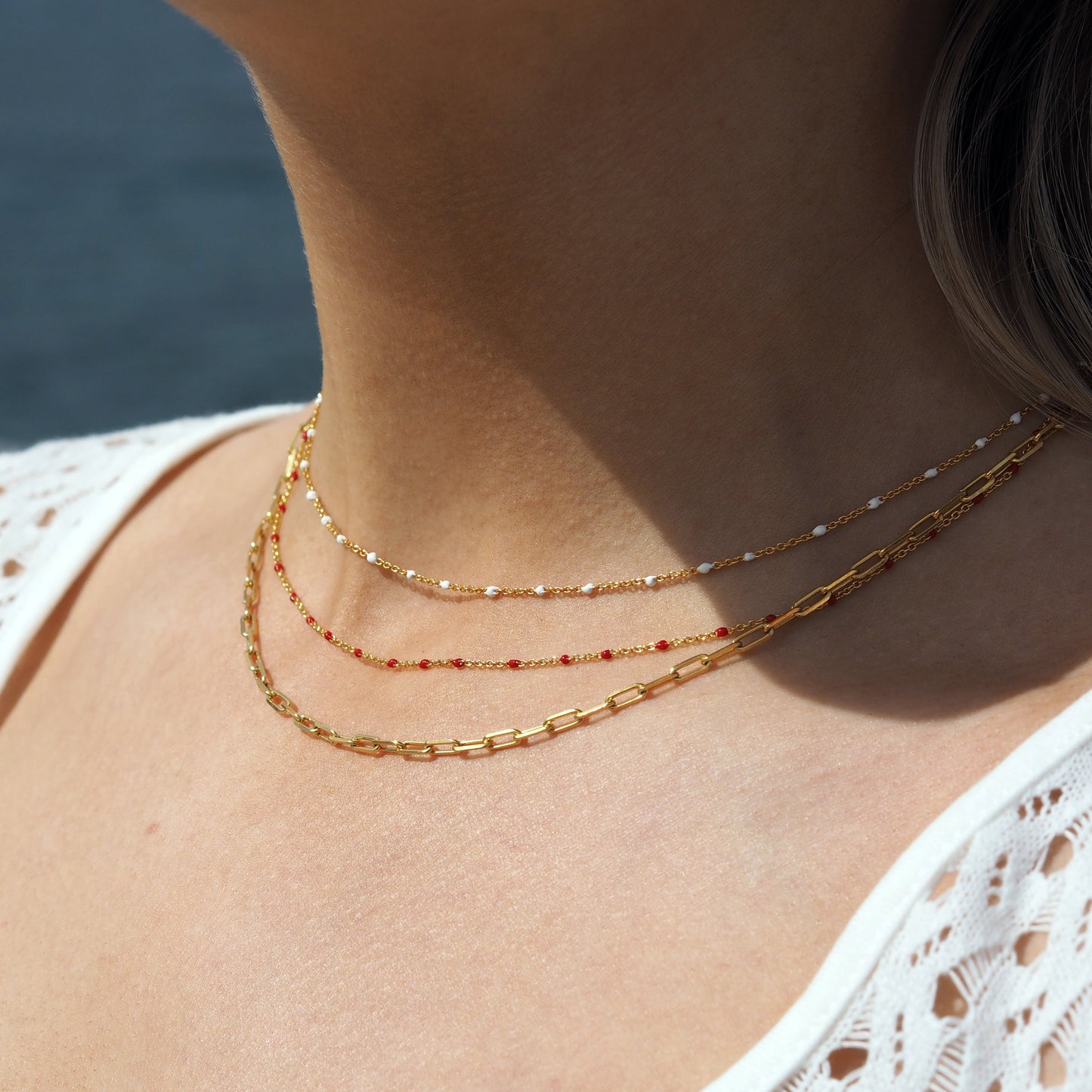 Fine Gold Plated Sterling Silver & Red Enamel Confetti Chain Necklace - 16 Inches