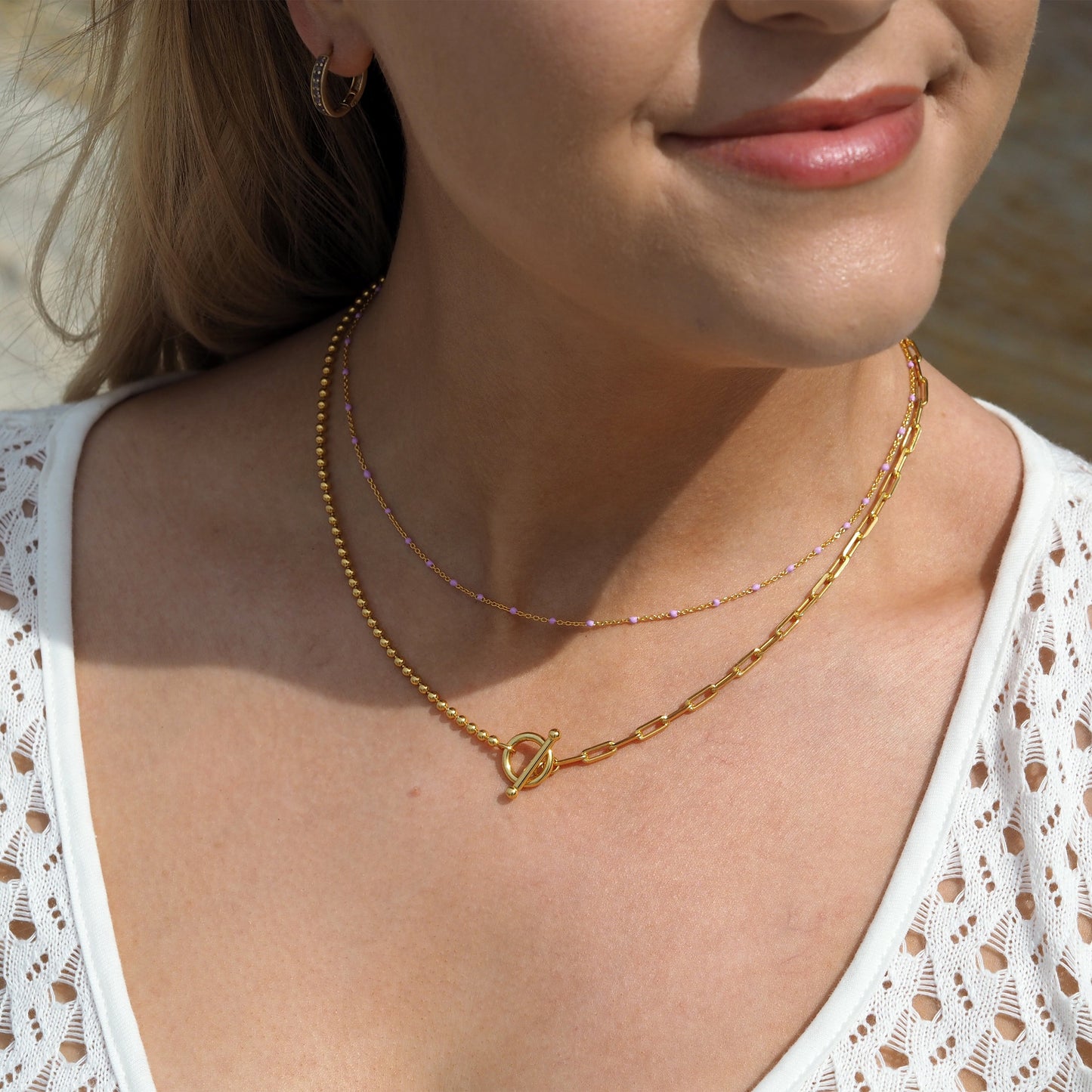 Fine Gold Plated Sterling Silver & Purple Enamel Confetti Chain Necklace - 16 Inches