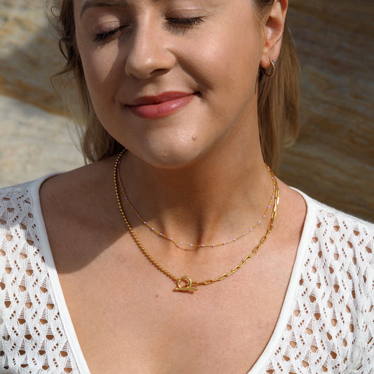 Fine Gold Plated Sterling Silver & Purple Enamel Confetti Chain Necklace - 16 Inches