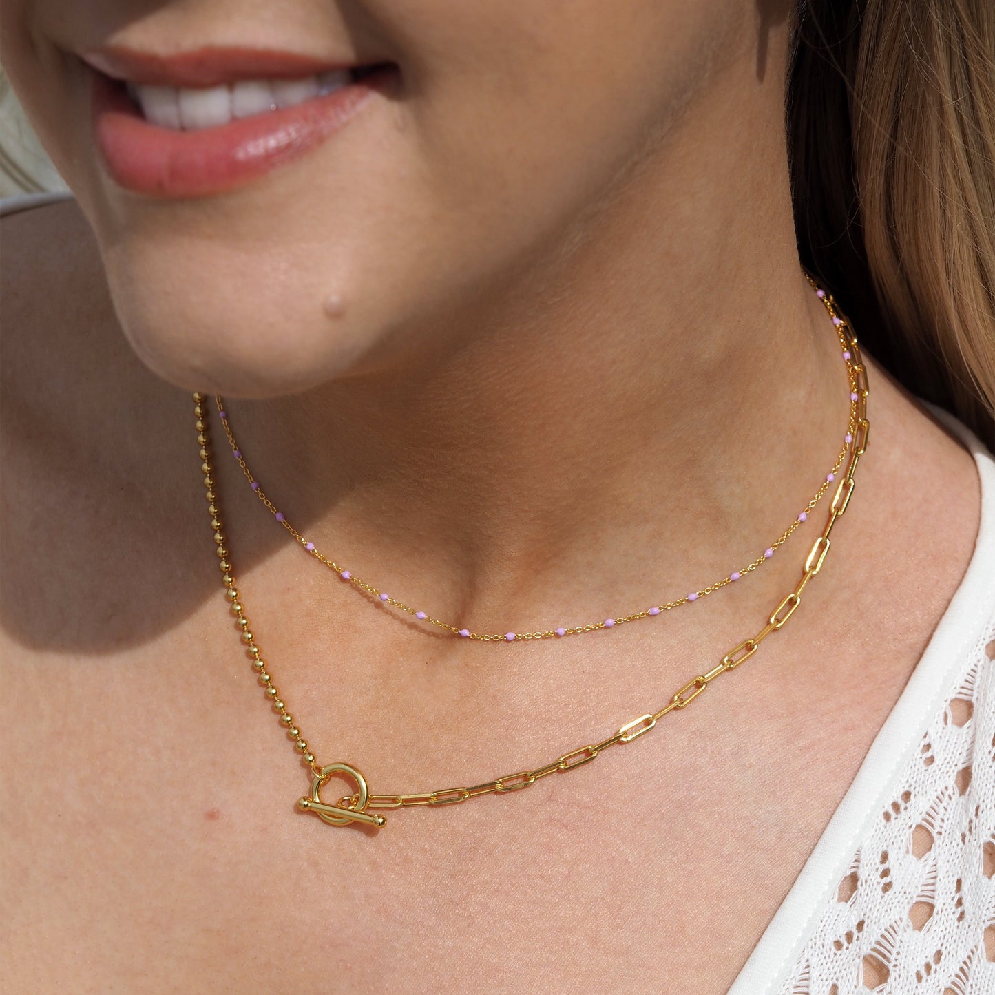 Fine Gold Plated Sterling Silver & Purple Enamel Confetti Chain Necklace - 16 Inches