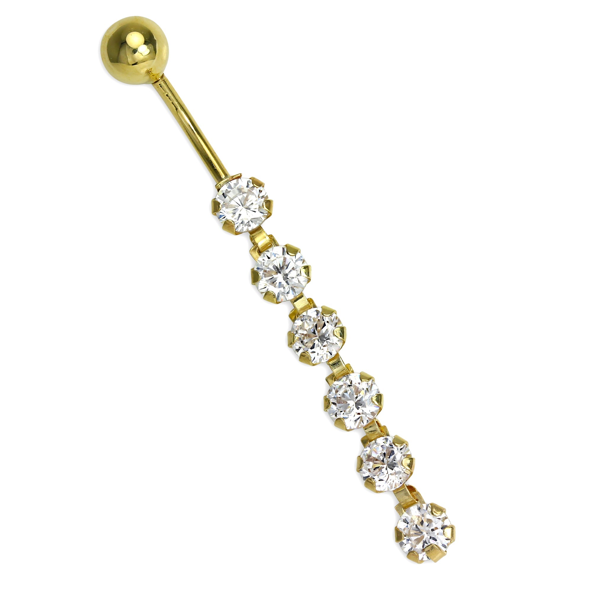 9 Karat Gold Bauchnabelstange mit 6 Rund Klar CZ Kristall Hänger