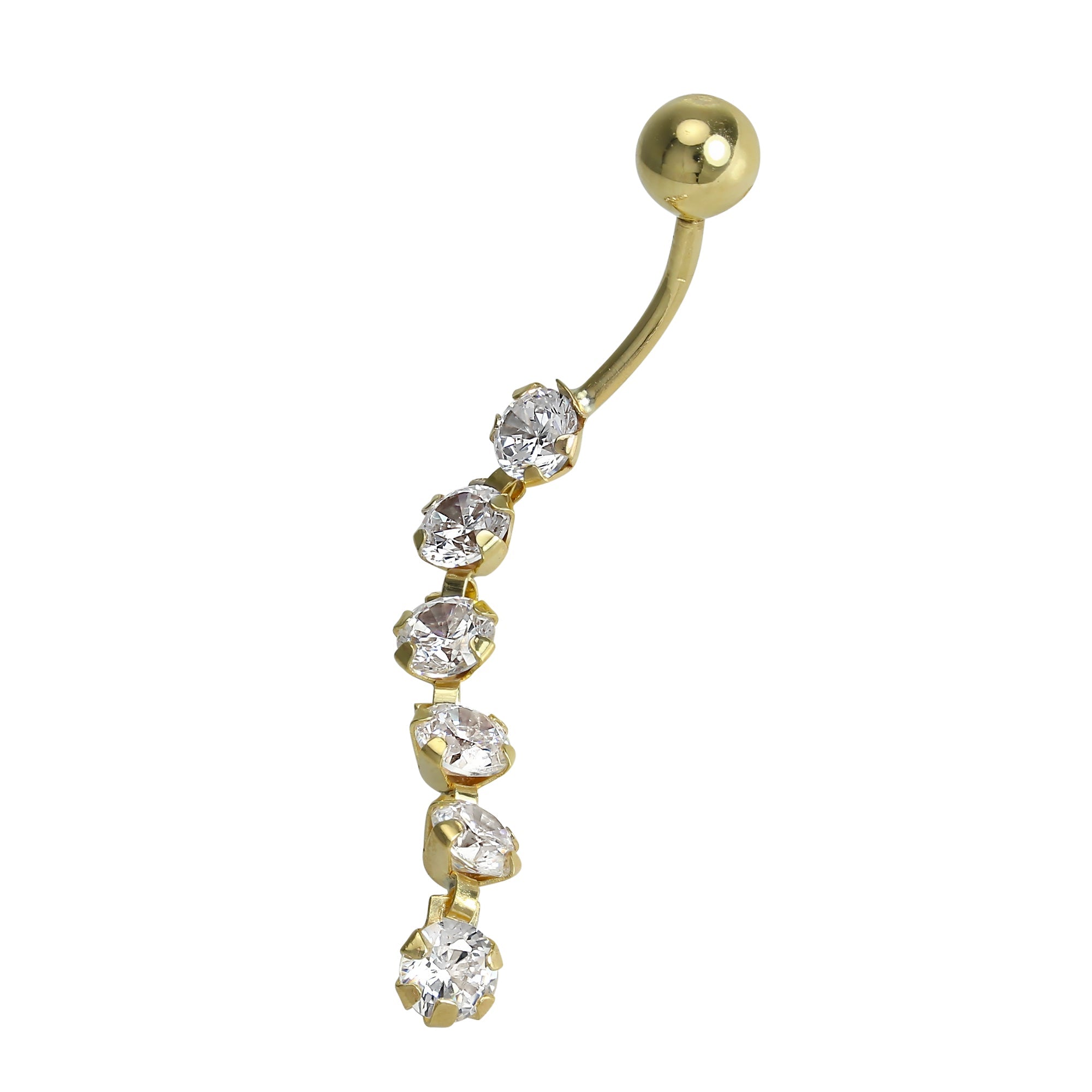 9 Karat Gold Bauchnabelstange mit 6 Rund Klar CZ Kristall Hänger