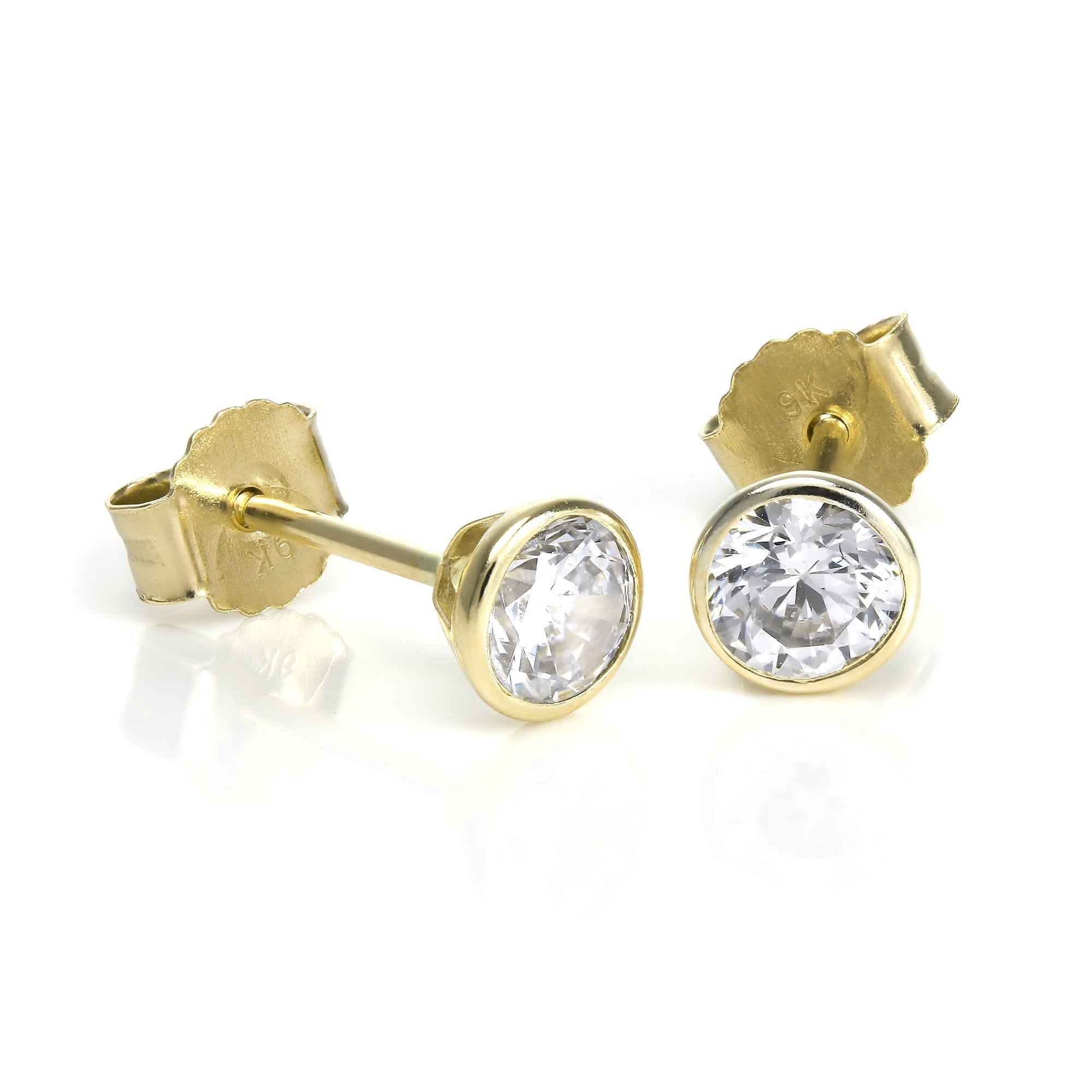 9 Karat Gold & 4 mm Rund Klar CZ Kristall Überschliff Ohrstecker