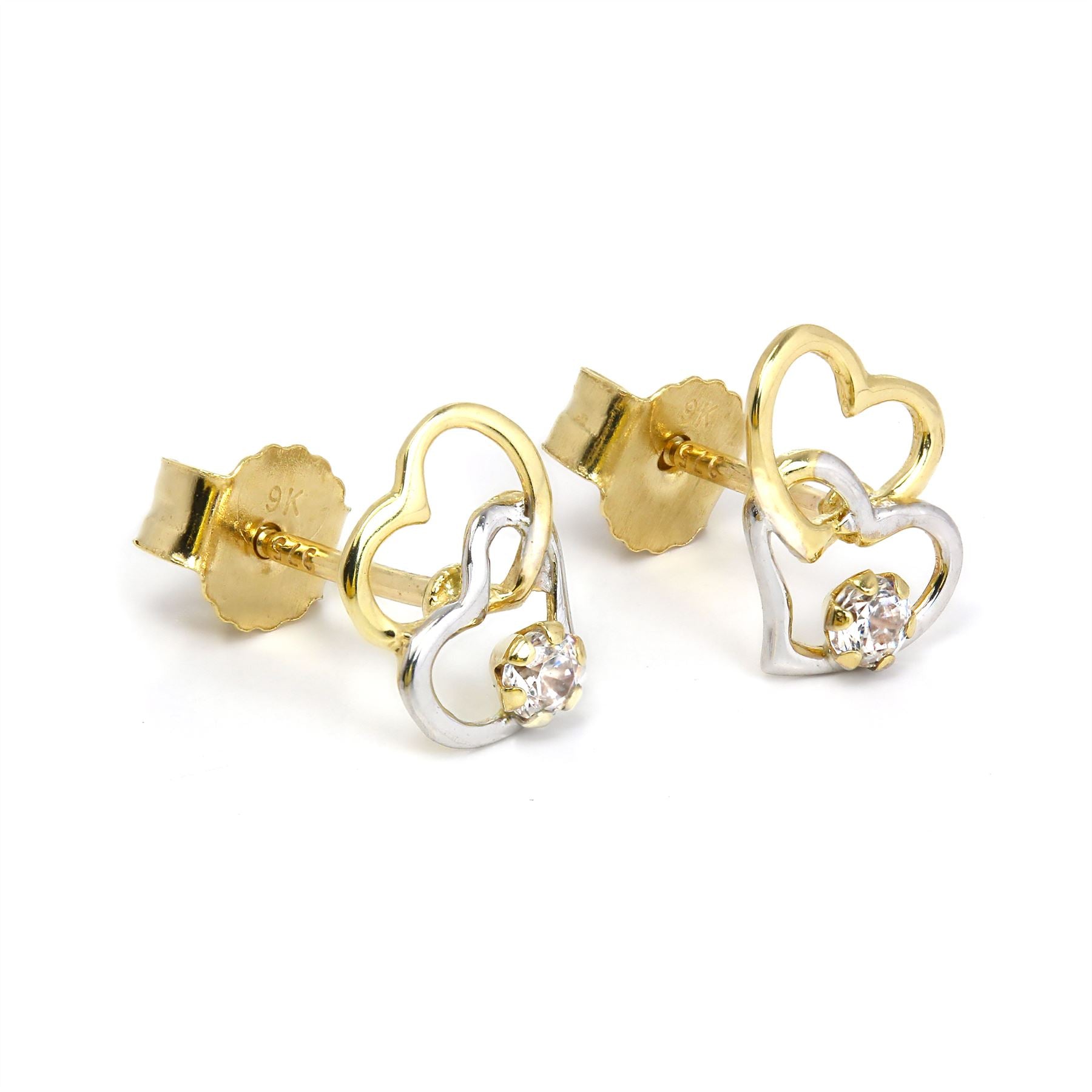 9 Karat Gelb- und Weißgold-Ohrstecker mit offenem Herz und Zirkonia