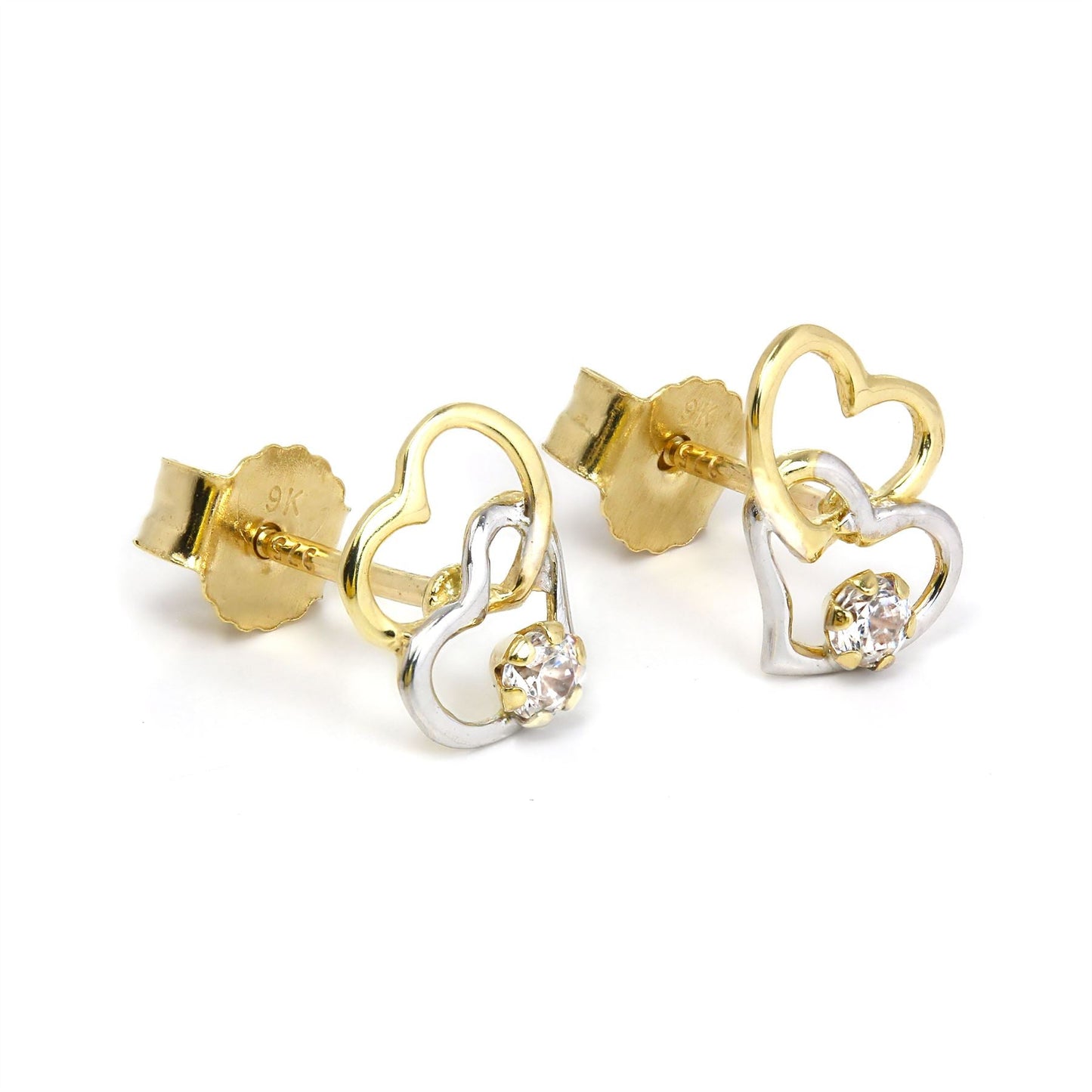 9ct Yellow & White Gold Open Heart Stud Earrings with CZ Crystal