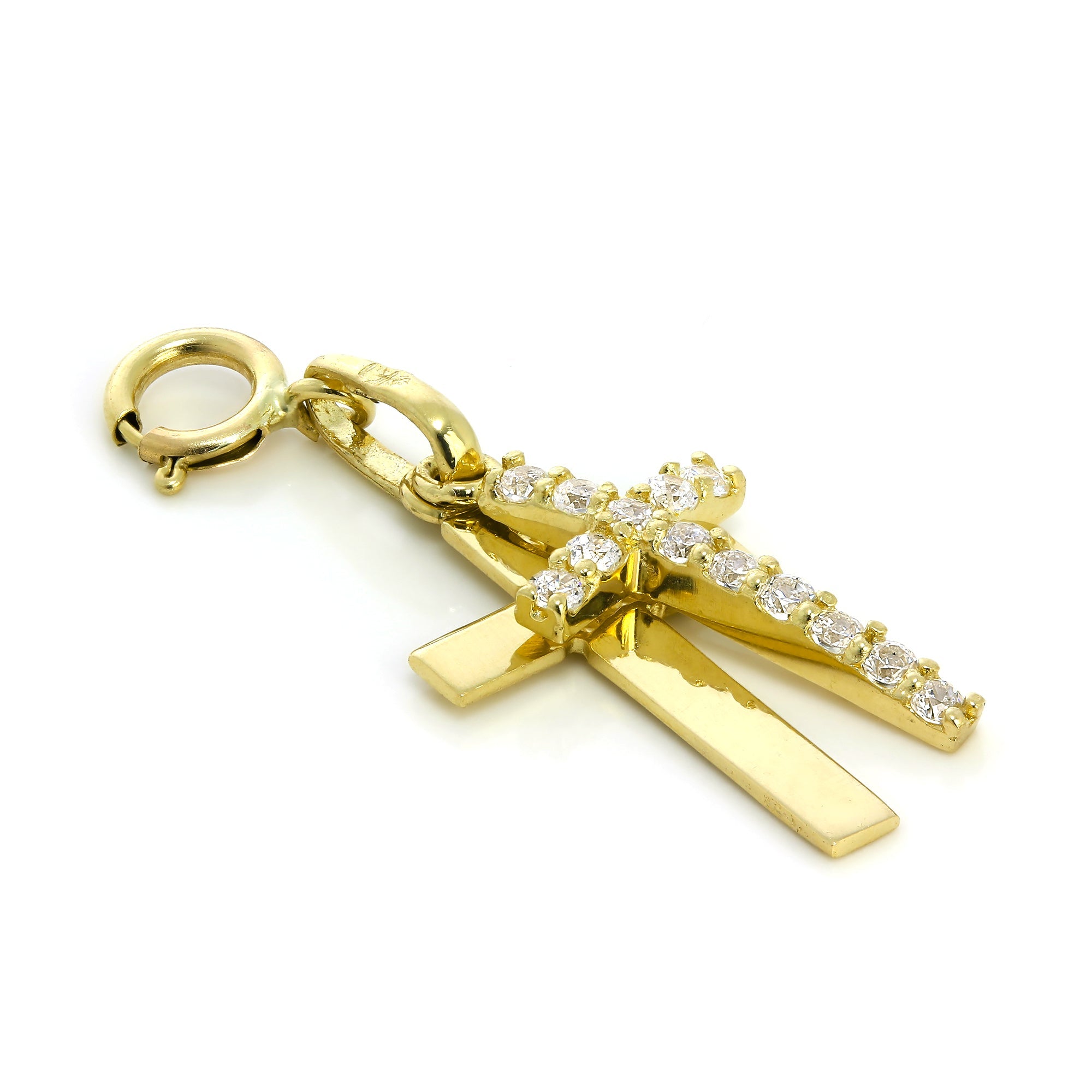 9 Karat Gold & CZ Kristall Verkrustet Doppel Kreuz Anhänger zum Anklipsen