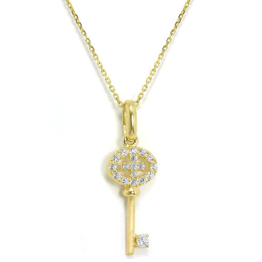 9ct Yellow Gold & CZ Crystal Encrusted Key Pendant on 16 - 20 Inch Chain