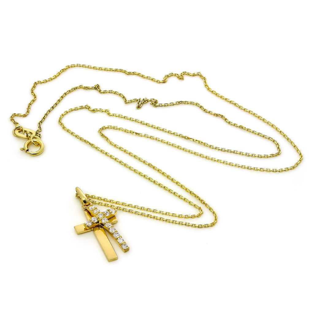 9 Karat Gold & CZ Kristall Verkrustet Doppel Kreuz - Anhänger Halskette 40,5 - 51 cm