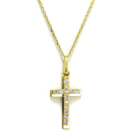 9 Karat Gold & CZ Kristall Verkrustet Doppel Kreuz - Anhänger Halskette 40,5 - 51cm