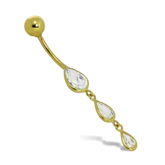 9 Karat Gold & Dreifach Tränentropfen CZ Kristall Kugel Ende Bauchnabelstange