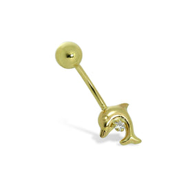 Bauchnabelpiercing aus 9 Karat Gold mit springendem Delfin aus Zirkonia und Kugelende