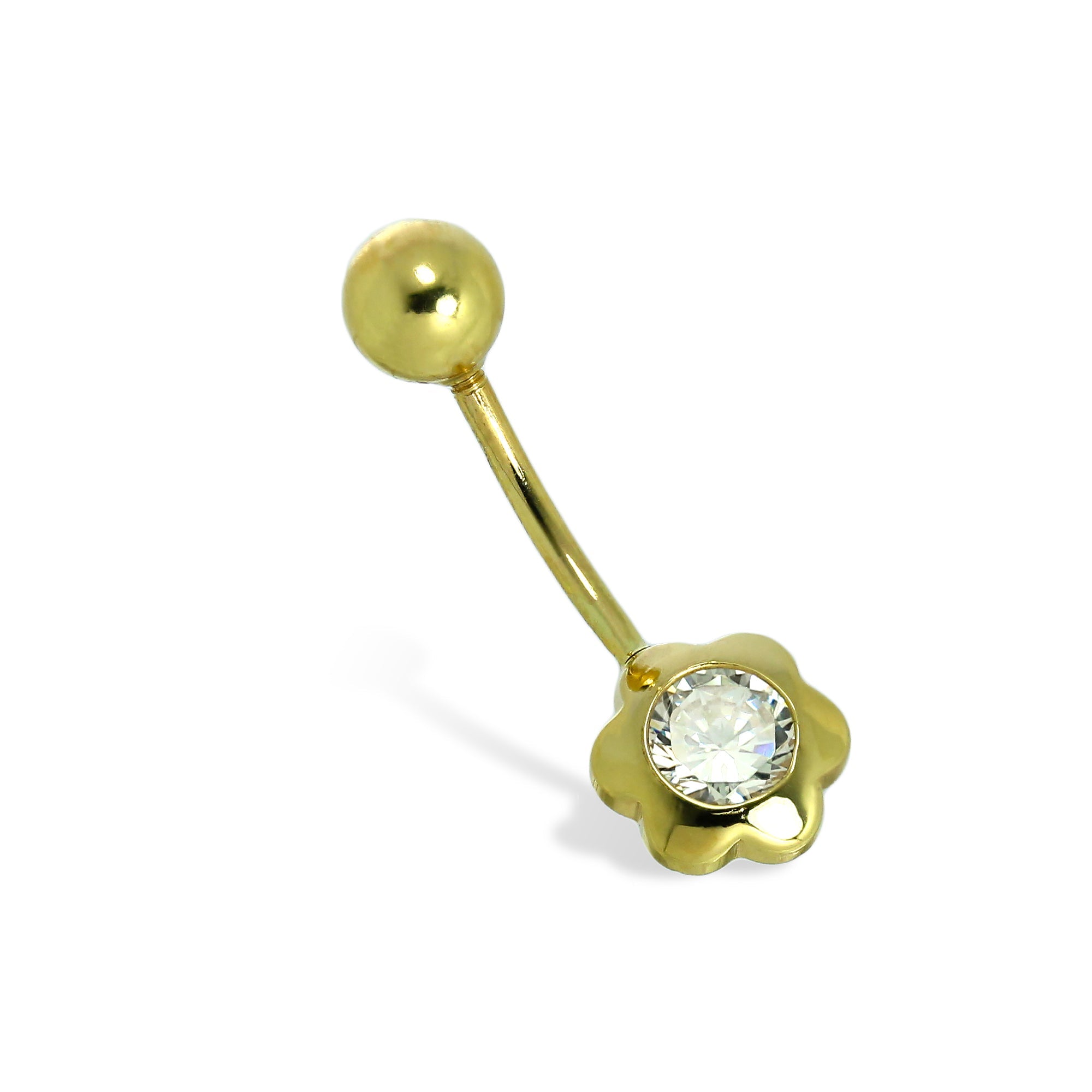 9 Karat Gold & 4 mm Klar CZ Kristall Blume Kugel Ende Bauchnabelstange