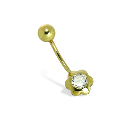 9 Karat Gold & 4mm Klar CZ Kristall Blume Kugel Ende Bauchnabelstange