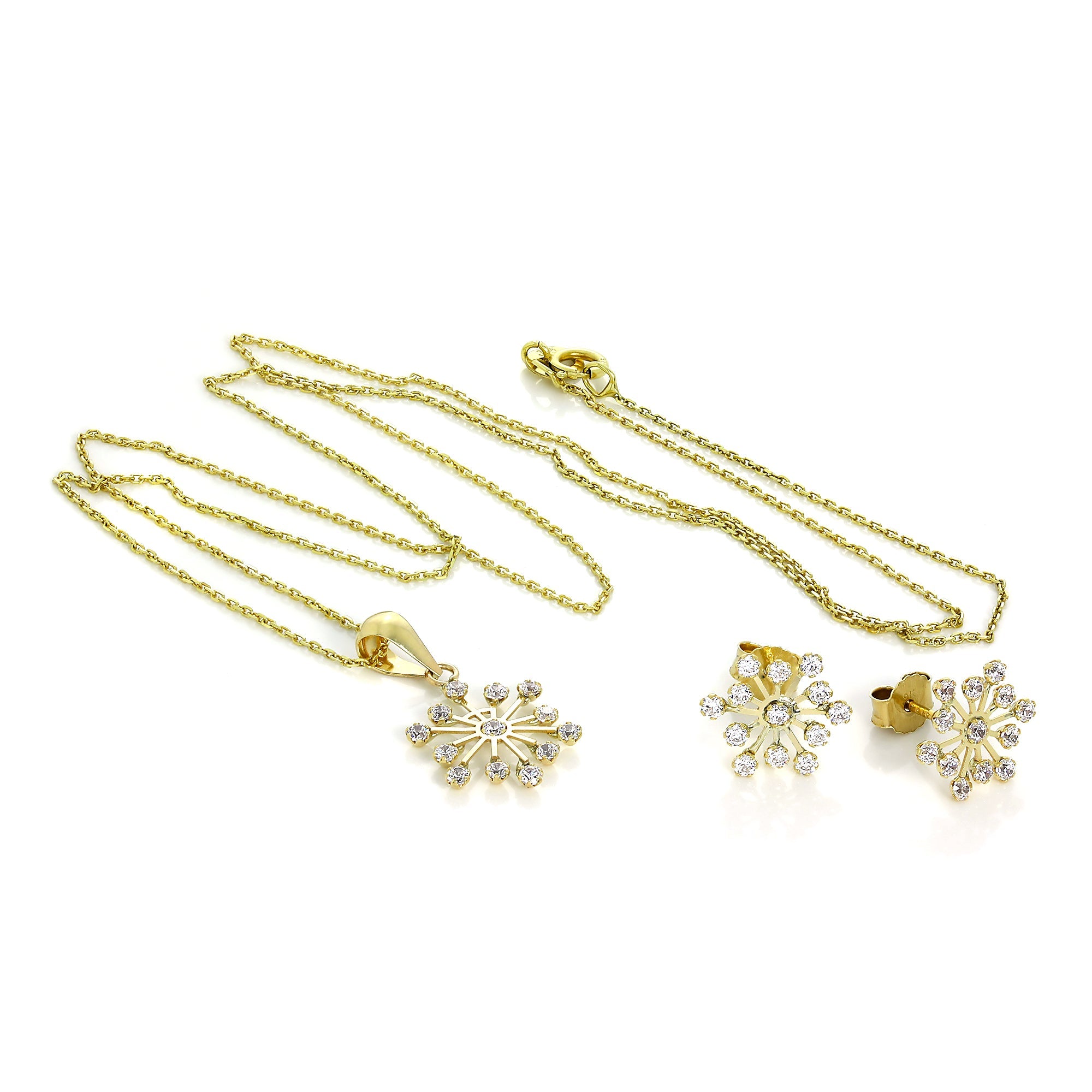 Set aus Anhänger und Ohrsteckern aus 9 Karat Gold mit Zirkonia-Kristallen in Schneeflockenform