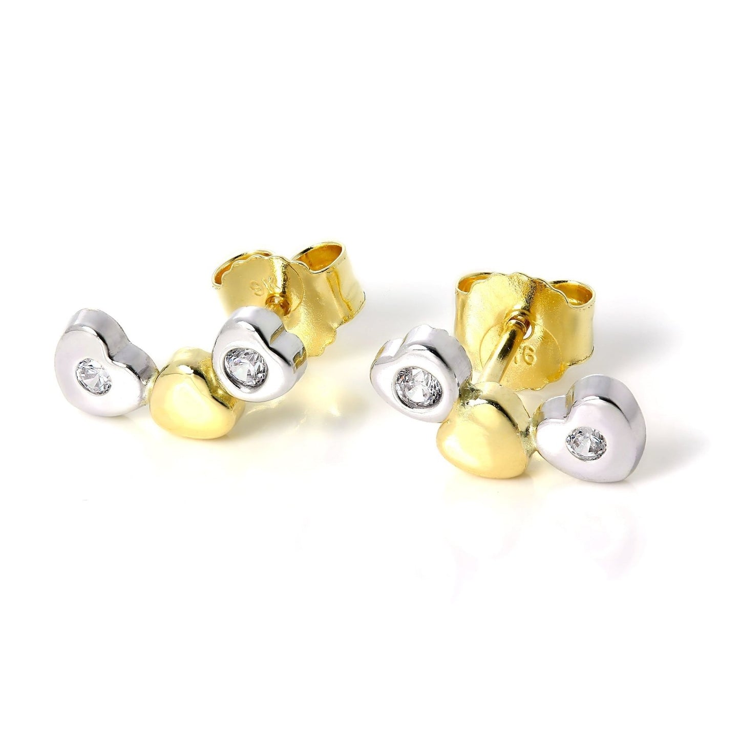 9ct White & Yellow Gold Triple Heart Stud Earrings with CZ Crystals - jewellerybox