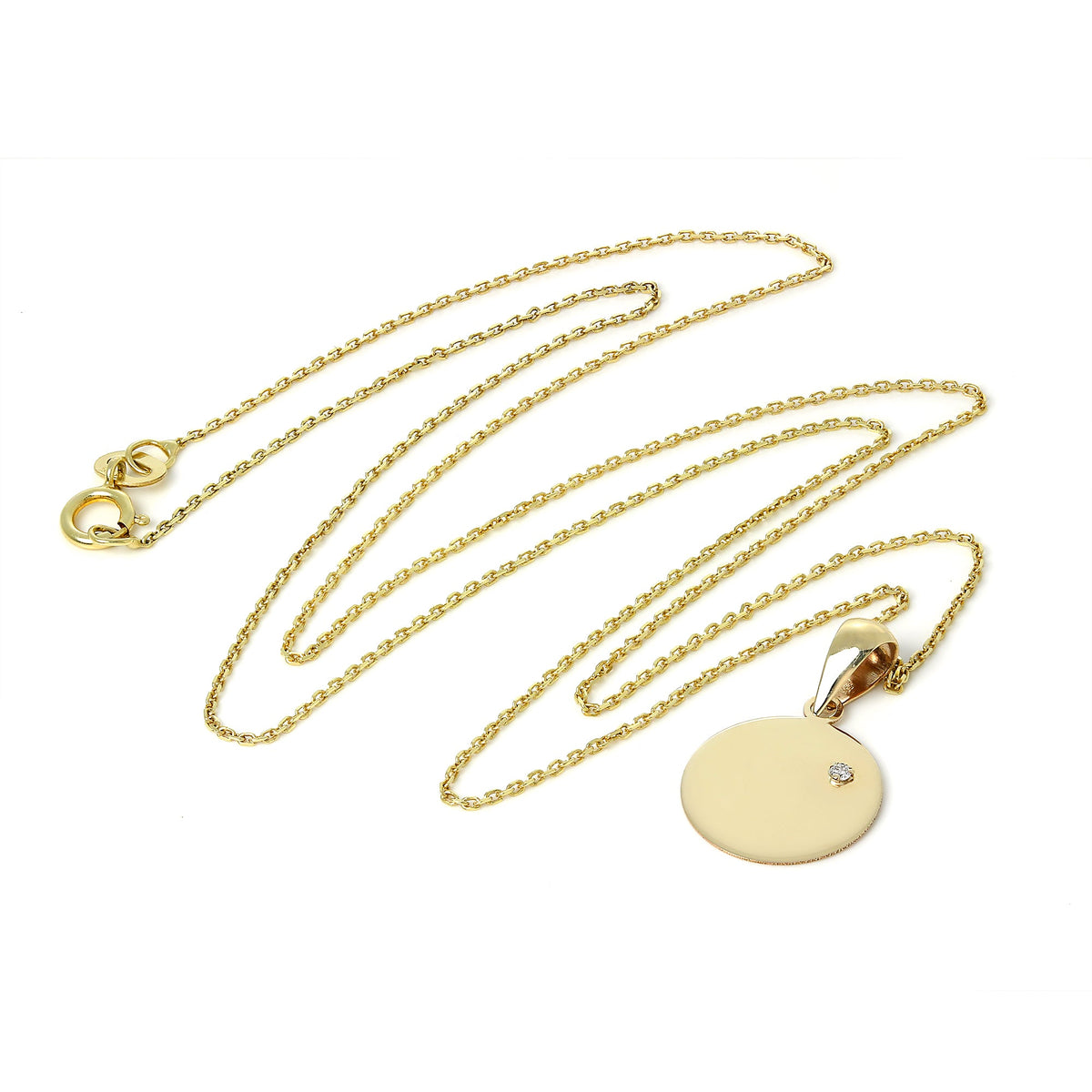 9 Karat Gold, gravierbarer runder Anhänger mit winzigem Zirkonia-Kristall an einer 40–50 cm langen Kette