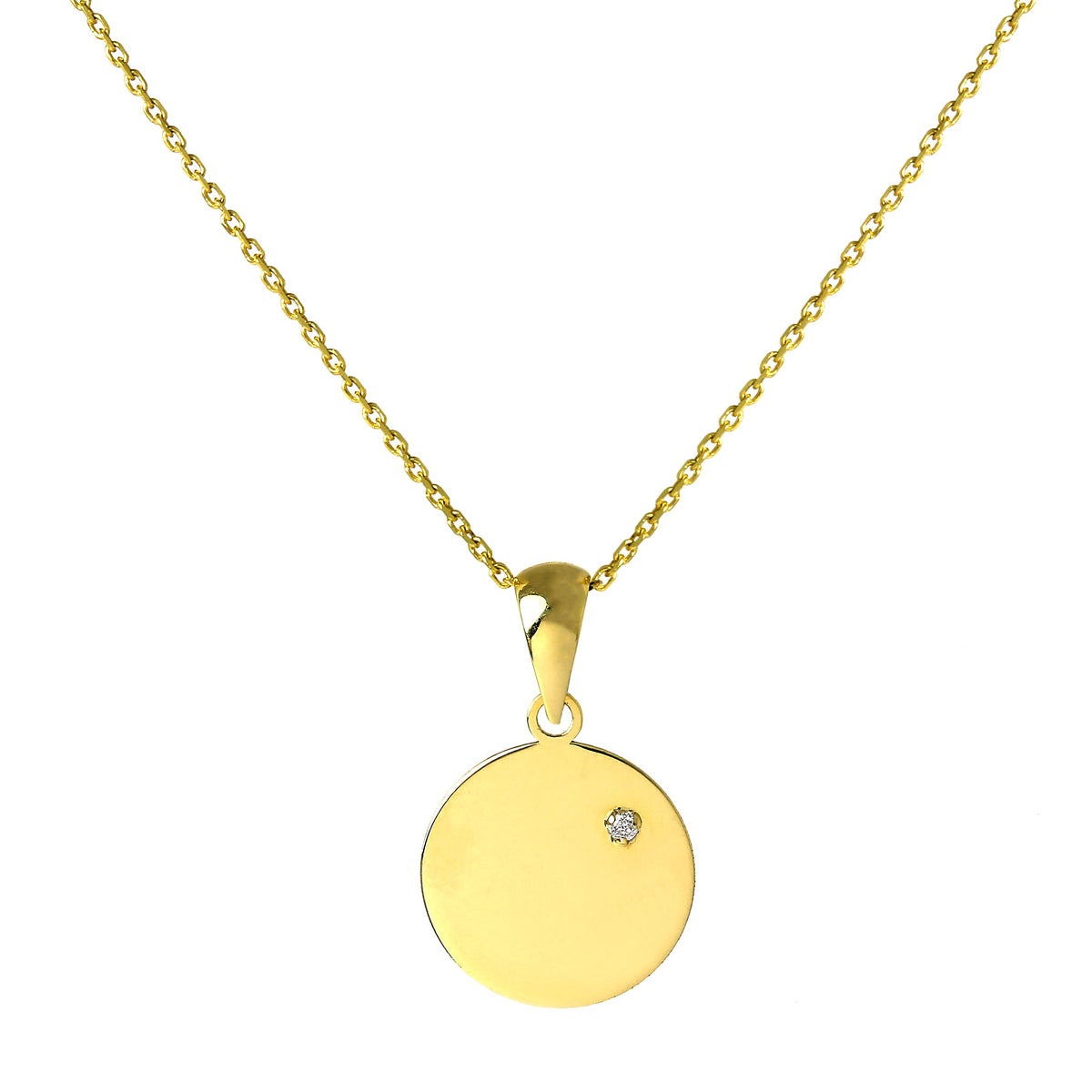9 Karat Gold, gravierbarer runder Anhänger mit winzigem Zirkonia-Kristall an einer 40–50 cm langen Kette