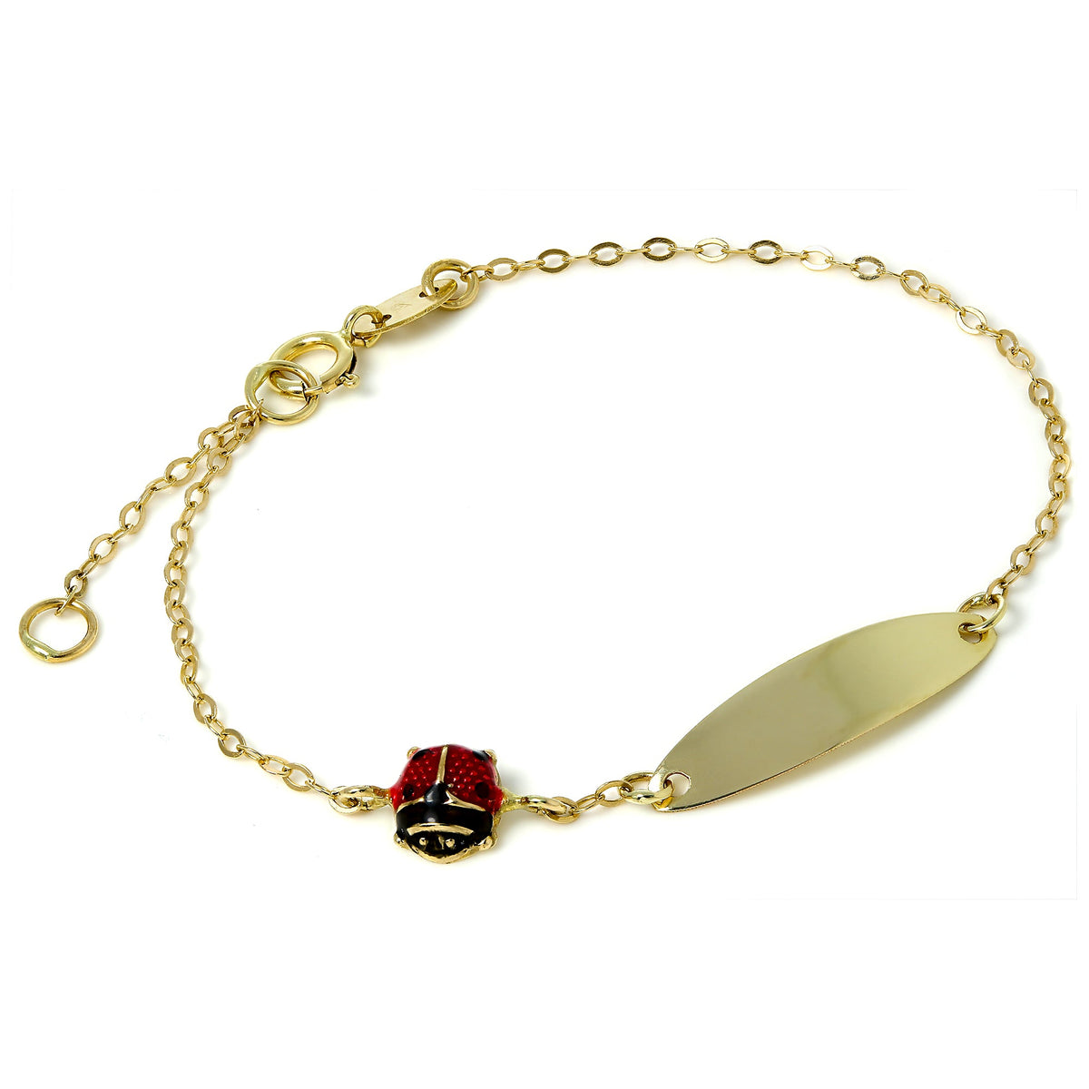 9 Karat Gold Gravierbar Namensschild Armband mit Marienkäfer Anhänger