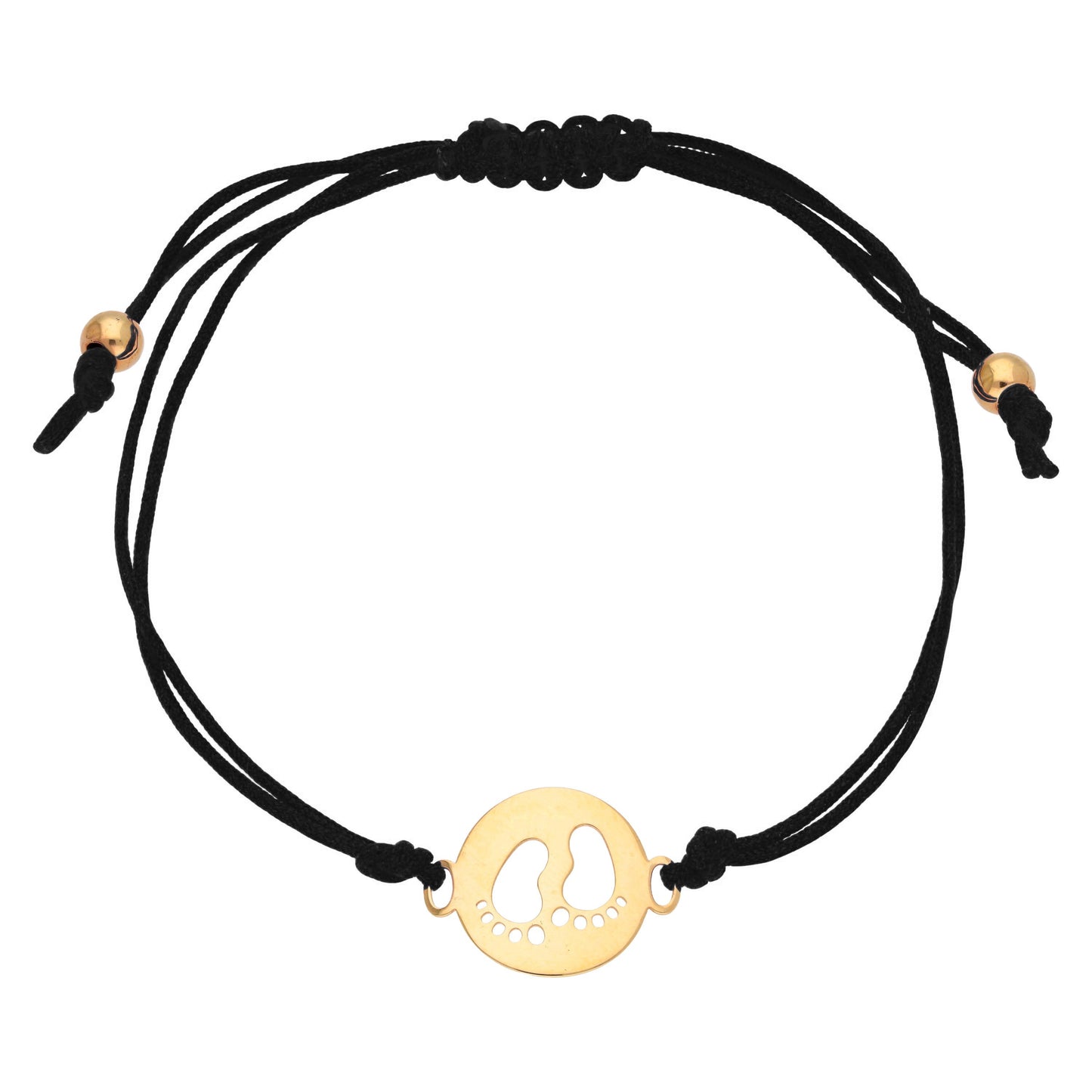 Verstellbares Armband aus 9ct Gold mit Babyfüßen und farbiger Kordel