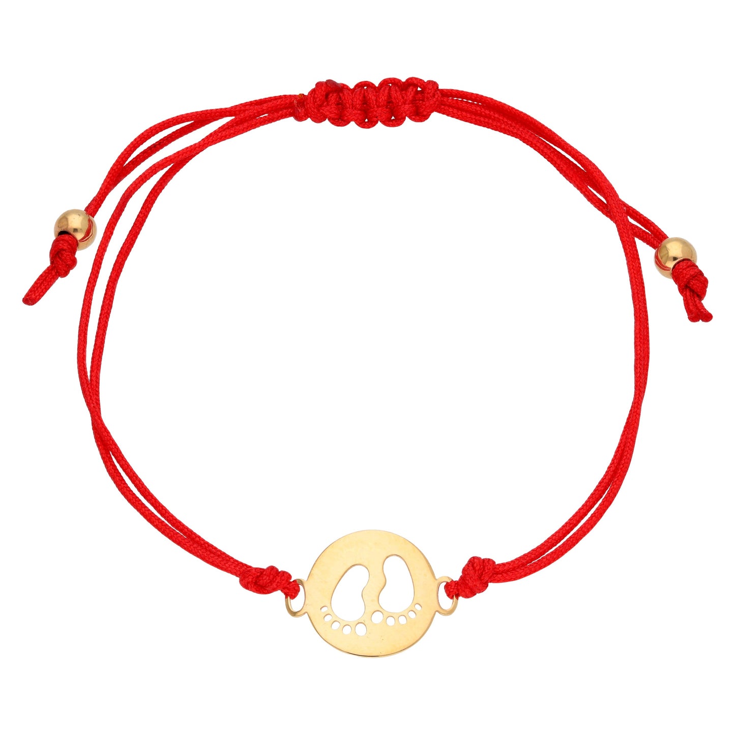 Verstellbares Armband aus 9ct Gold mit Babyfüßen und farbiger Kordel