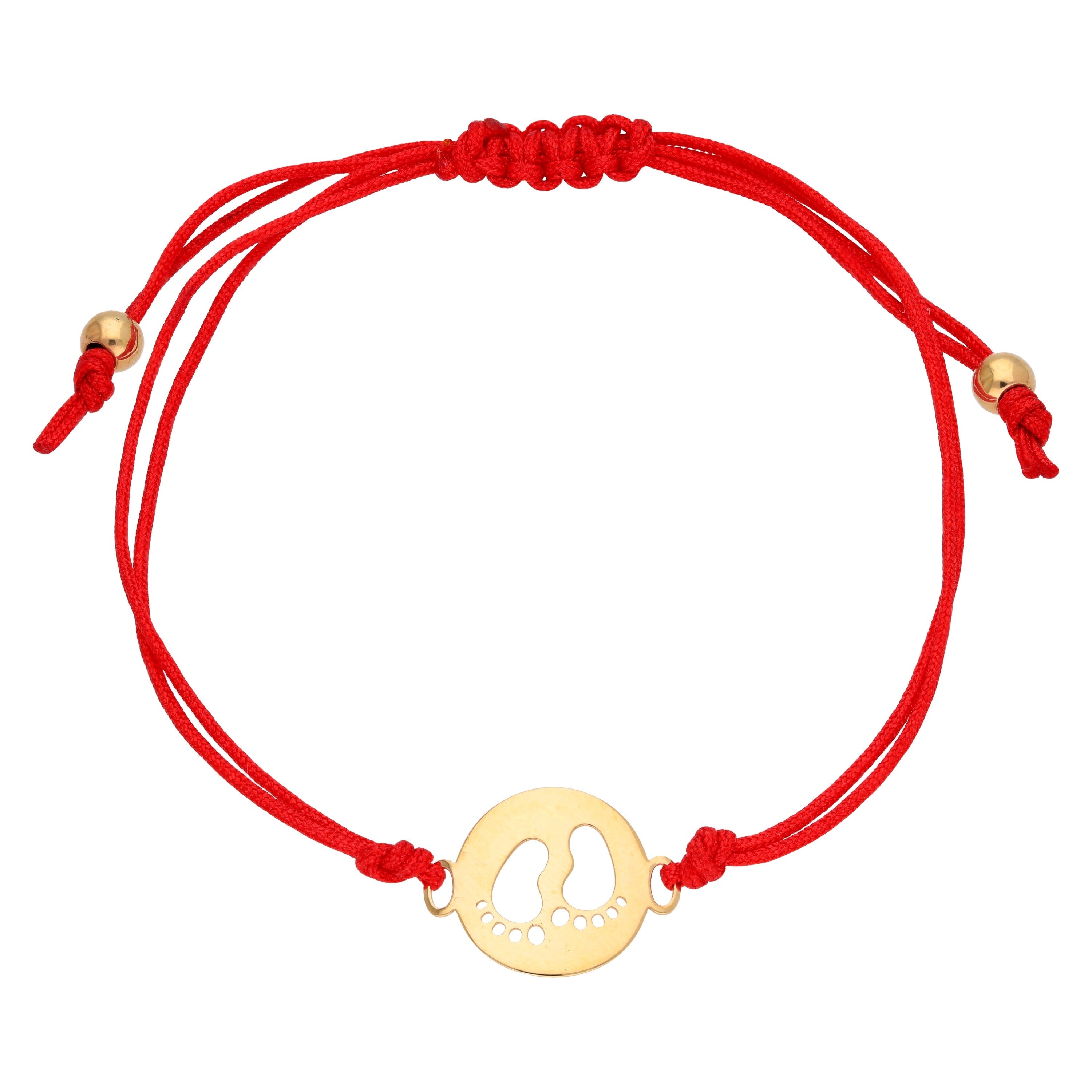 Verstellbares Armband aus 9 Karat Gold mit Babyfüßen und farbiger Kordel