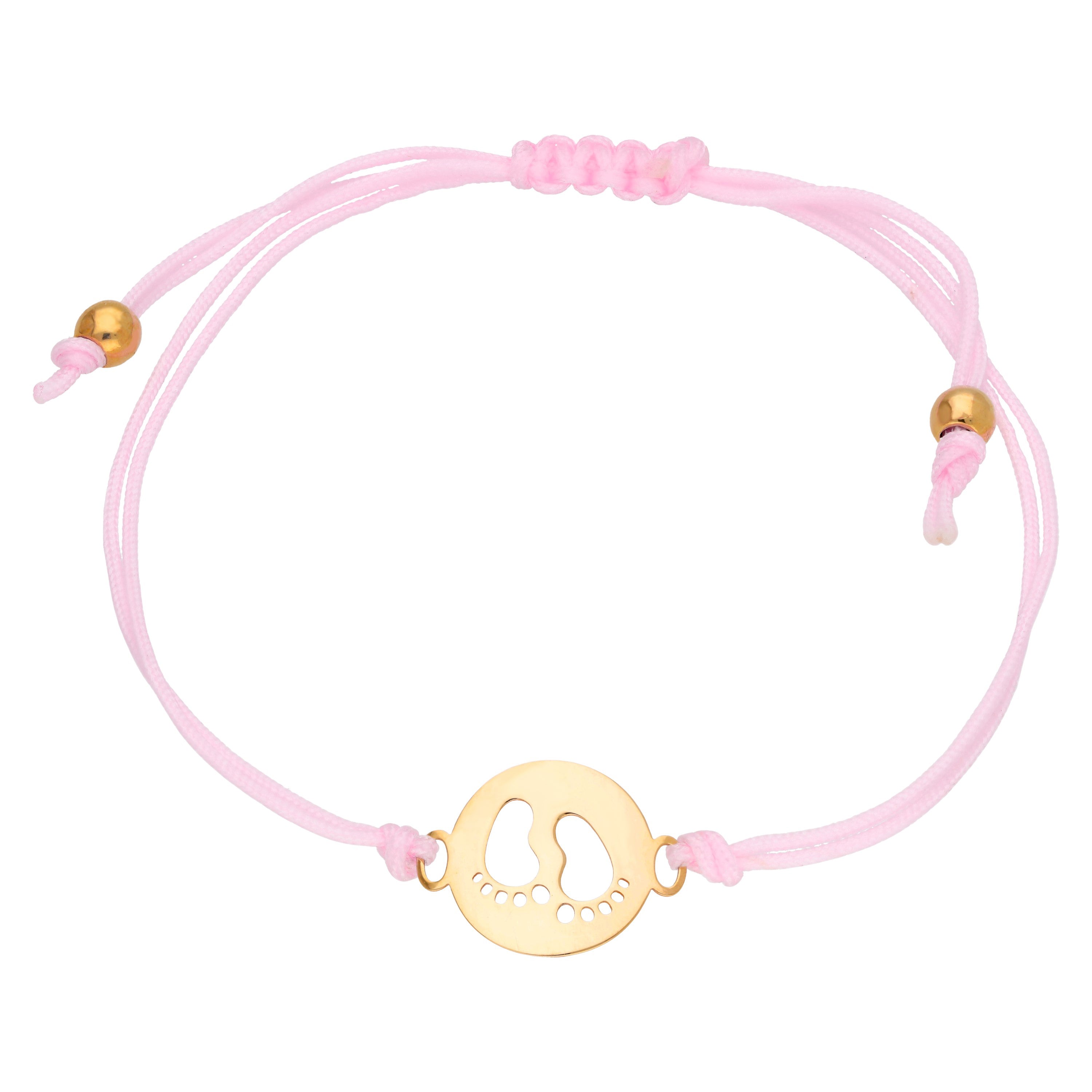 Verstellbares Armband aus 9 Karat Gold mit Babyfüßen und farbiger Kordel
