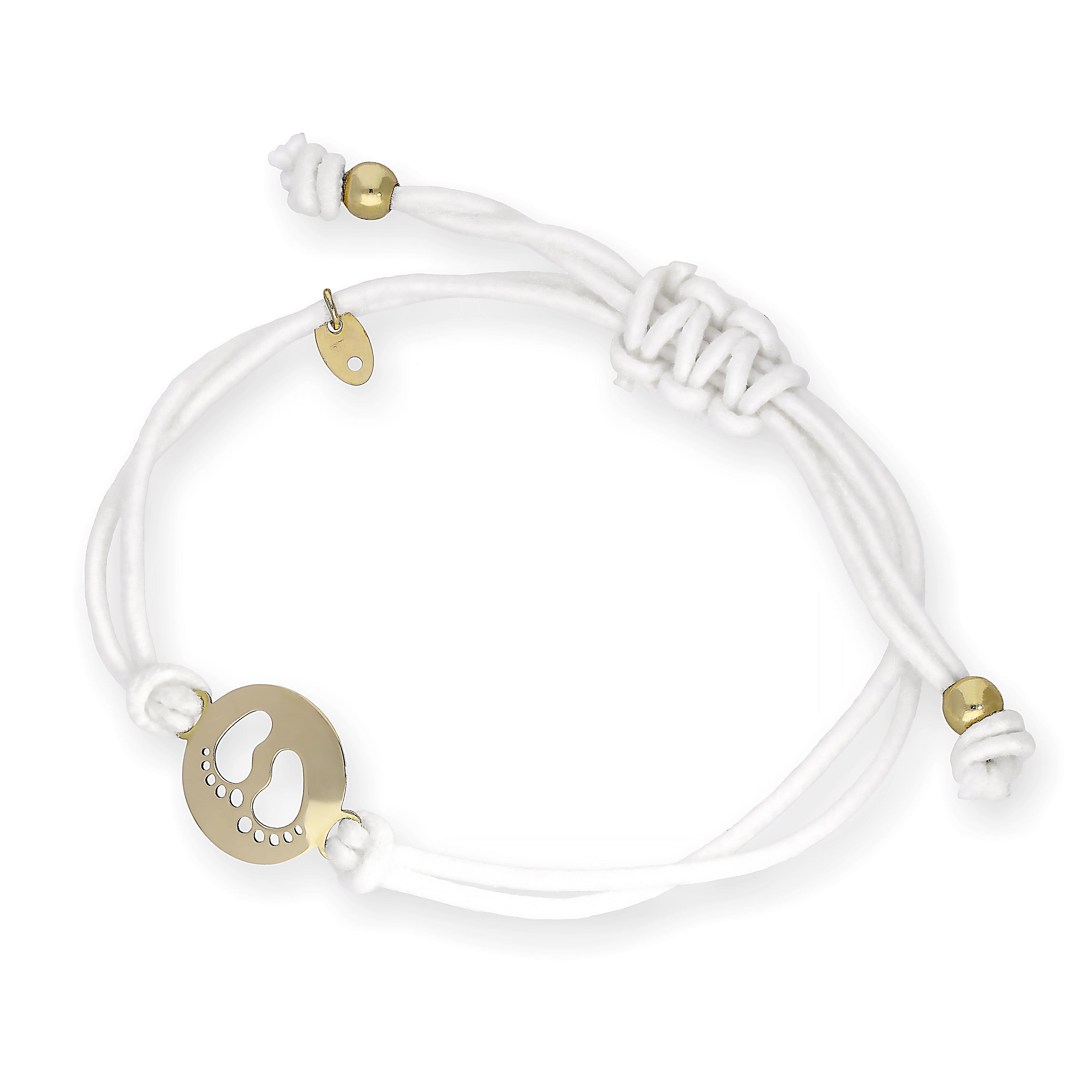 Verstellbares Armband aus 9 Karat Gold mit Babyfüßen und farbiger Kordel