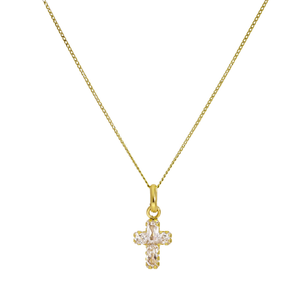 9 Karat Gold, kleine Zirkonia-Kristall-Kreuz-Anhänger-Halskette 16–20 Zoll