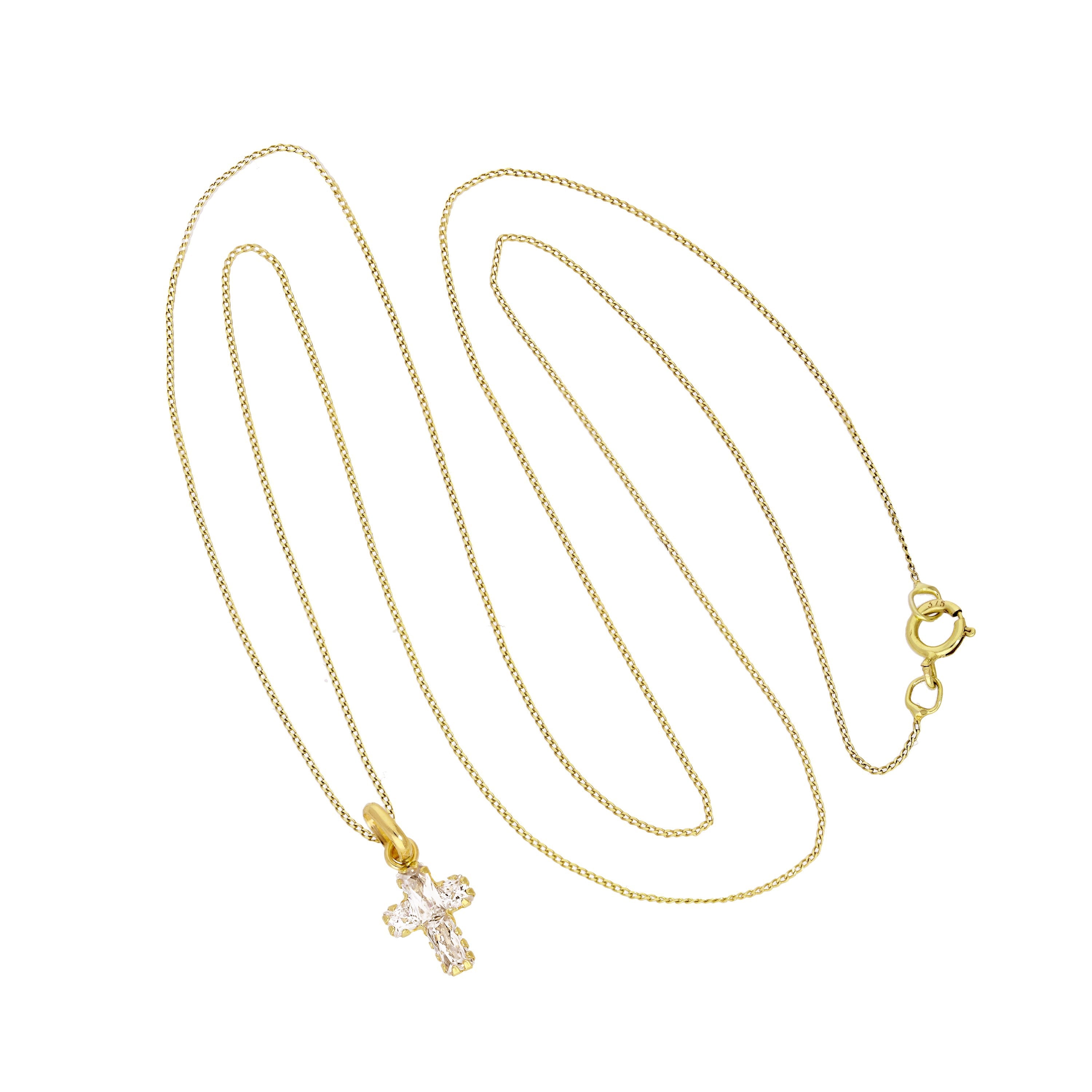 9 Karat Gold, kleine Zirkonia-Kristall-Kreuz-Anhänger-Halskette 16–20 Zoll